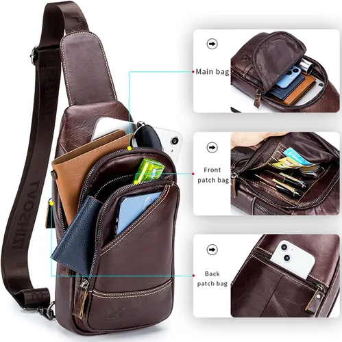 Vista 6 de Hebetag Bolso bandolera de cuero casual para hombres y mujeres para viajes al aire libre paquete de pecho
