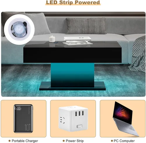 Vista 5 de HedoAjim - Mesa de café LED para sala de estar, mesa rectangular central de sala de estar, mesas de café modernas de madera con alto brillo y luces