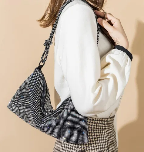 Vista 6 de Bolso Hobo con diamantes de imitación para mujer, elegante bolso de noche brillante plateado con diamantes de imitación, bolso dorado
