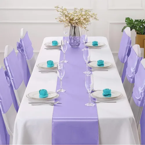 Vista 2 de Horbaunal - Juego de 2 caminos de mesa de satén lavanda de 12 x 108 pulgadas, caminos de mesa suaves para bodas, banquetes, fiestas de cumpleaños