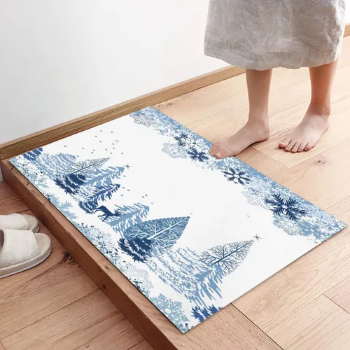 Vista 4 de Libaoge Juego de 2 alfombras y tapetes de cocina de invierno de Navidad para Año Nuevo, diseño abstracto de copo de nieve, alce azul, tapete