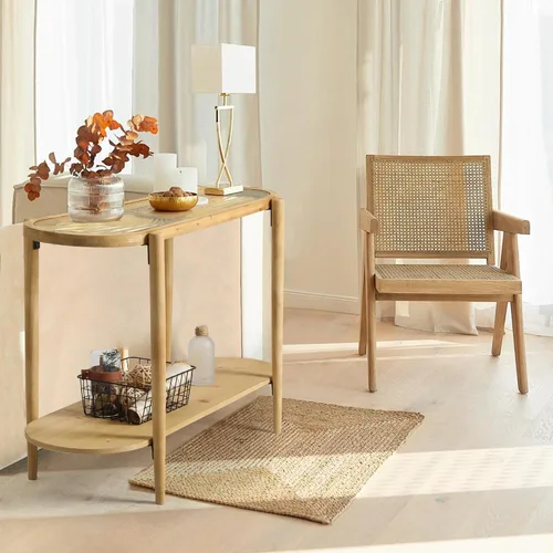 Vista 8 de RUSTOWN Mesa consola de ratán, mesa de entrada bohemia de 2 niveles con parte superior de vidrio templado y patas de madera, mesa de sofá moderna