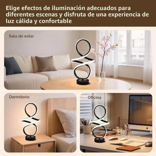 Vista 6 de Lámpara de mesa pequeña moderna con diseño espiral LED, lámpara de mesita NEGRO MATE