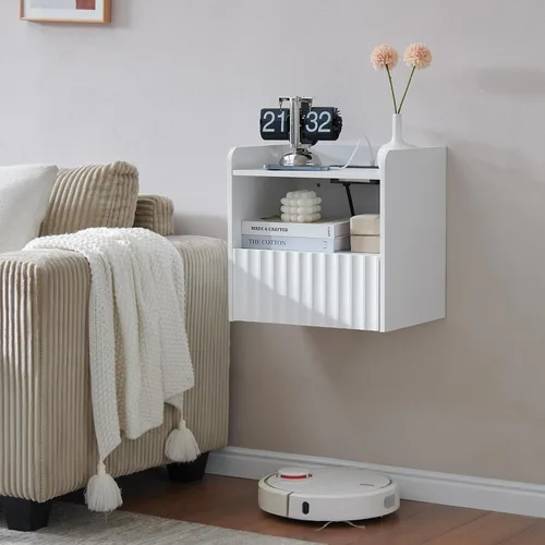 Vista 12 de BuildHom Moderna mesita de noche flotante acanalada montada en la pared, juego de 2 mesitas de noche con cajón de almacenamiento y estante