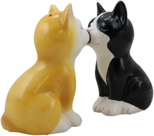 Vista 4 de Ebros Gift Juego de salero y pimentero de cerámica negro y amarillo besando gatitos felinos gatos salero y pimentero figuras de San Valentín Gato