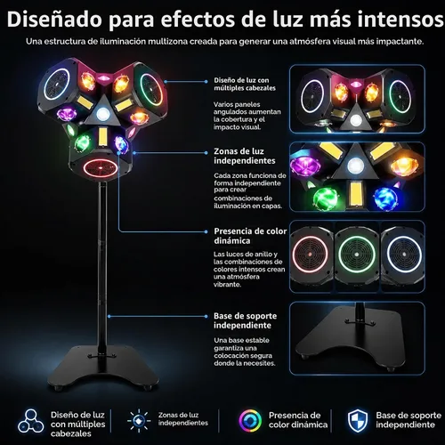 Vista 4 de Luz de escenario de cabeza móvil de 3 cabezales con soporte, luces LED de DJ con soporte de montaje, efecto estroboscópico RGBW DMX512 luces