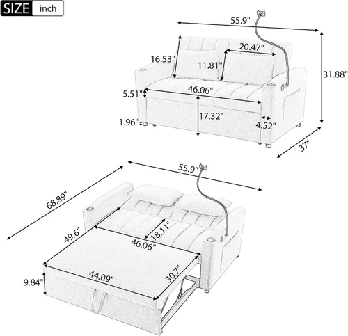 Vista 2 de LUMISOL Sofá cama convertible 3 en 1 de 55.9 pulgadas con puertos USB, portavasos, soporte giratorio y bolsillos de almacenamiento, sofá cama Gris