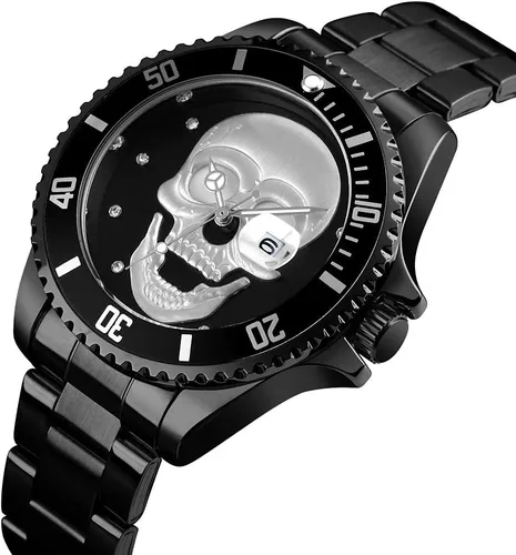 Vista 2 de Relojes de calavera para hombre, esqueleto 3D, bisel unidireccional, 30M, relojes de pulsera de cuarzo impermeables
