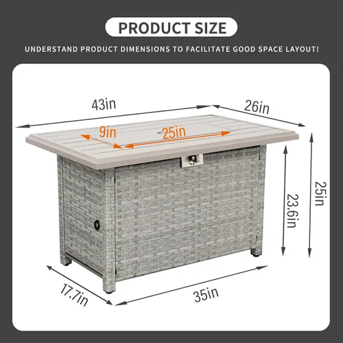 Vista 6 de WAROOM Fogata de propano para exteriores, mesa de fogata de patio de mimbre PE de 43 pulgadas con protector contra el viento de vidrio, vidrio