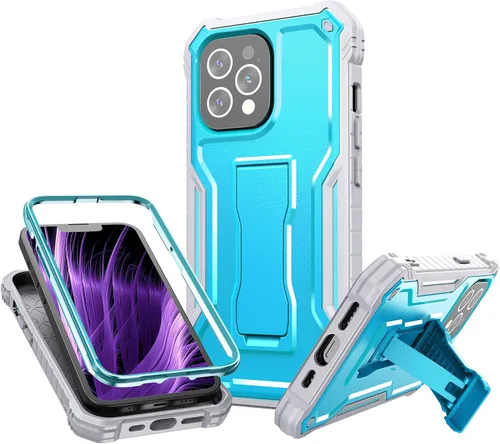 Vista 13 de FITO Funda para Apple iPhone 13, doble capa a prueba de golpes resistente con protector de pantalla de vidrio templado y soporte integrado (verde)
