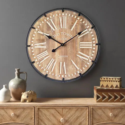 Vista 8 de Reloj de pared grande de granja, reloj de pared de madera rústica de 24 pulgadas decorativo con círculo de metal y números grabados, funciona