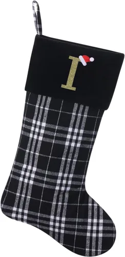Vista 9 de Calcetines de Navidad personalizados con monograma inicial, adornos colgantes, medias clásicas de cuadros negros de 19 pulgadas, decoraciones