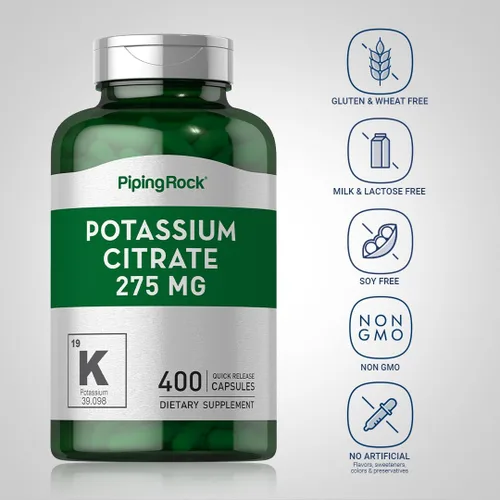 Vista 3 de Piping Rock Suplemento de citrato de potasio 275 mg 400 cápsulas Sin OMG, sin gluten