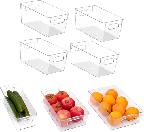 Vista 9 de Paquete de 6 cubos organizadores de refrigerador, 3 tamaños, apilables, transparentes, con asas, para refrigerador, congelador, estantes, cajón