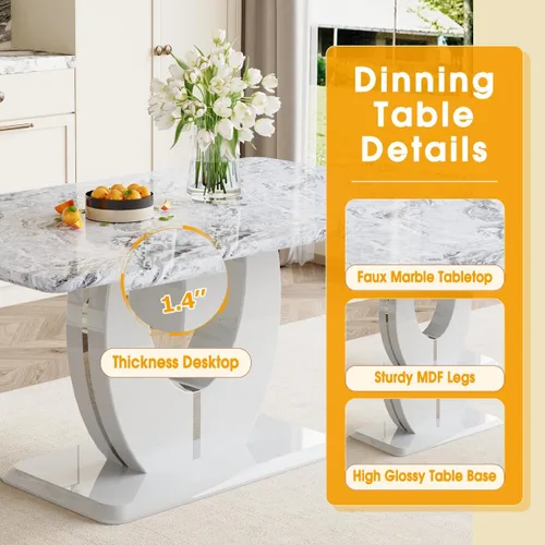 Vista 7 de JUFU Juego de mesa de comedor para 6, 63 pulgadas, juego de mesa de cocina y sillas de mármol sintético gris con 6 sillas de piel sintética, juego