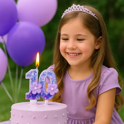 Vista 3 de Velas número 0, velas de cumpleaños con número de flor morada para pastel, velas de números morados que crean un ambiente romántico y cálido