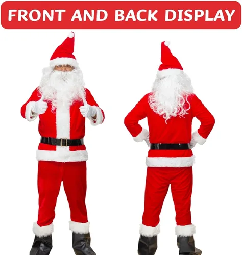 Vista 2 de Disfraz de Papá Noel para hombre, disfraz de Papá Noel rojo, 10 unidades, incluye sombrero, abrigo, pelucaguantes, pantalones, botas, cuerda