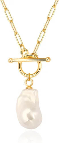 Vista 13 de Aobei Pearl Collar chapado en oro de 18 quilates con dije de cruz de corazón, corazón, estrella, león, mal de ojo, amor, medallón, clip de papel