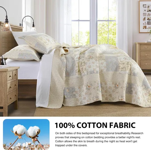 Vista 5 de DDUOXIN - Colcha reversible tamaño King de 100 % algodón, colcha floral a cuadros 120x120 Quilted Bed Spread with 2 Pillow Shams, Farmhouse