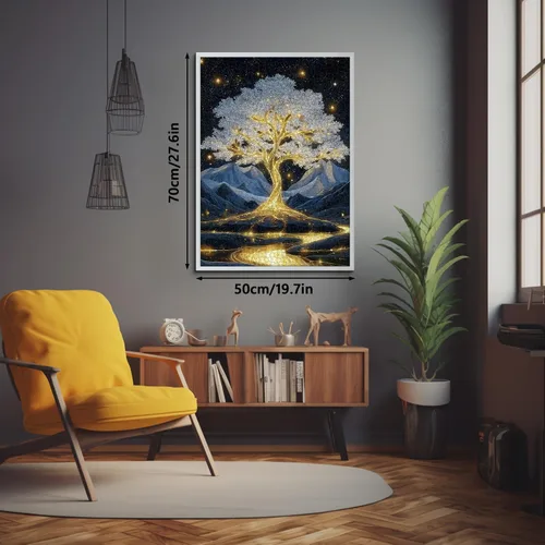 Vista 3 de Rompecabezas de árbol de la vida dorado para adultos de 1000 piezas, rompecabezas de paisaje de árbol brillante de fantasía con montañas de cielo