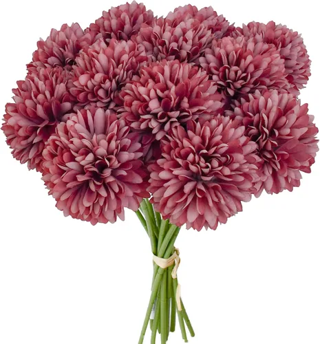 Vista 12 de Mandy's 6 tallos de seda beige Kiku flores de bola Tallos artificiales de crisantemo para decoración del hogar, verano, arreglo floral sintético