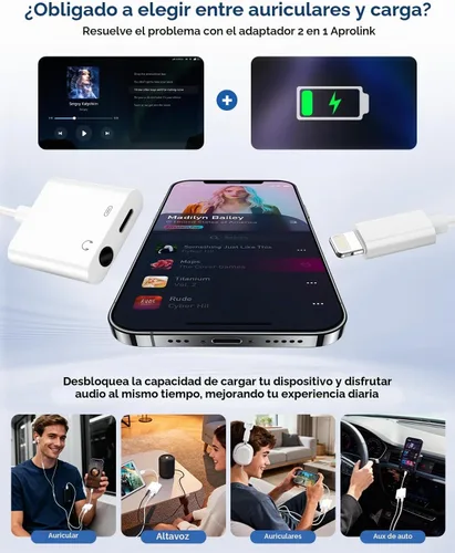 Vista 4 de Apple MFi Certificado - Adaptador 2 en 1 Lightning a conector de auriculares de 3.5mm, cargador rápido y divisor de audio auxiliar dongle