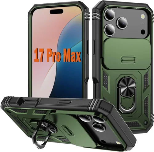 Vista 27 de PASNEW Funda militar para iPhone 13 Pro Max, cubierta de cámara deslizante y soporte de anillo de metal de 360°, carcasa rígida multicapa resistente