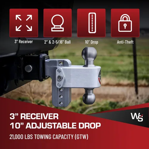 Vista 2 de Weigh Safe Soporte de bola de enganche de remolque ajustable, enganche de caída ajustable de 10 pulgadas para receptor de 3 pulgadas con 4 piezas