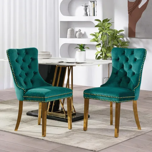 Vista 17 de SoarFlash Juego de 2 sillas de comedor de terciopelo, silla lateral de respaldo alto, silla lateral moderna tapizada de alta gama con botones Beige