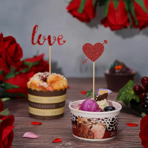 Vista 7 de Pajean 60 piezas de decoración para cupcakes para el día de San Valentín con purpurina roja y corazón de amor, beso me Lip Be Mine, caja de regalo
