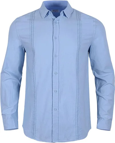 Vista 2 de Camisas de lino con botones para hombre, estilo casual, manga larga, ajuste regular, de algodón, con bolsillo