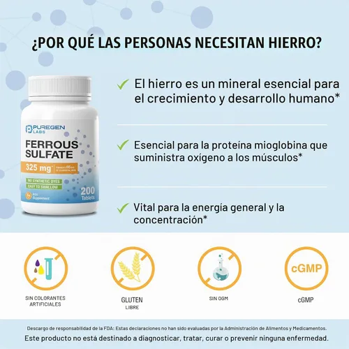 Vista 5 de Puregen Labs - Suplemento de hierro de alta potencia con sulfato ferroso de 325 mg (65 mg de hierro elemental), sin aditivos de color artificial