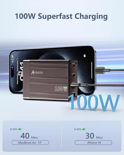 Vista 2 de ACOUCOU Cargador USB C de 100 W, 4 puertos GaN de carga rápida plegable compacto cargador de corriente para MacBook, iPad, iPhone, Galaxy S24 Ultra