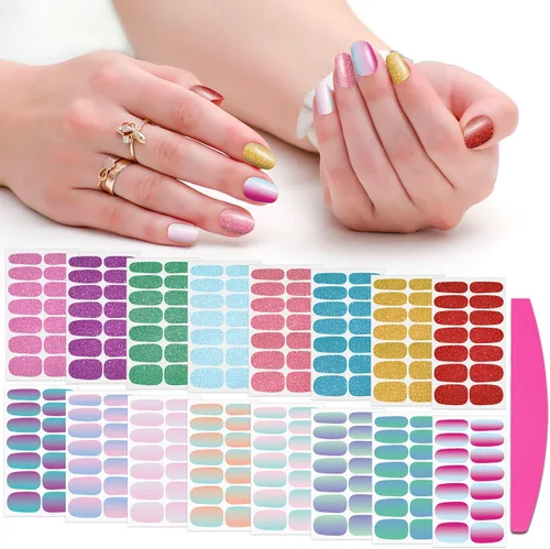 Vista 10 de 16 hojas de envolturas de uñas completas para mujeres, tiras de esmalte de uñas, tiras de uñas de gel, autoadhesivas, calcomanías de esmalte de uñas