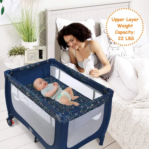 Vista 5 de HONEY JOY Pack and Play, corralito plegable con moisés, cuna de viaje ligera sin instalación desde recién nacidos hasta niños pequeños, centro