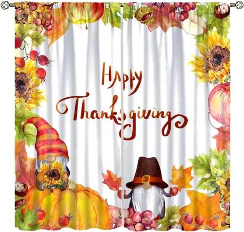 Vista 10 de Cortinas de calabaza enana de otoño, decoración del hogar de Acción de Gracias en otoño, patrón de hojas de arce y girasol, 42 pulgadas de ancho x