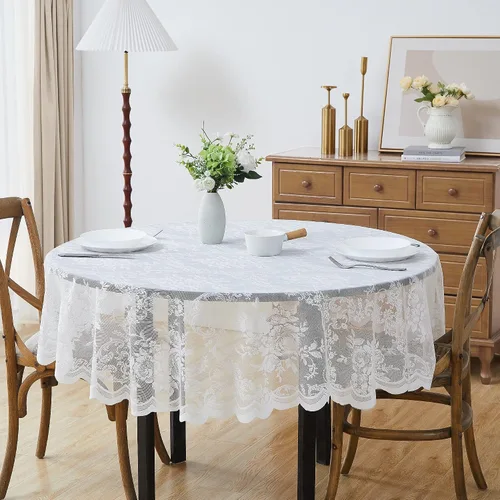 Vista 15 de LinenZone Hermoso mantel redondo de encaje con elegante borde festoneado para cualquier evento especial como bodas, fiestas de cumpleaños, baby