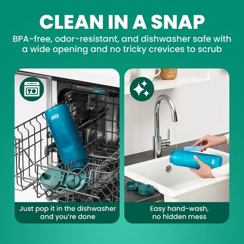 Vista 6 de Ion8 Botella de agua a prueba de fugas, 25.4 fl oz/24 onzas, color azul aguamarina, polímero reciclador resistente al olor sin BPA con tapa abatible