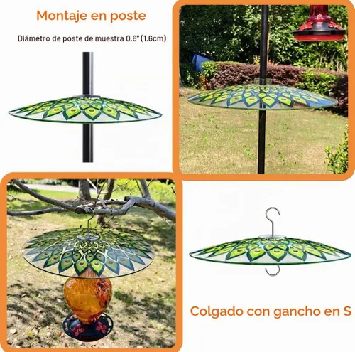 Vista 8 de Cubierta de lluvia de vidrio grande de 13 pulgadas para comedero de pájaros Peacock Feather
