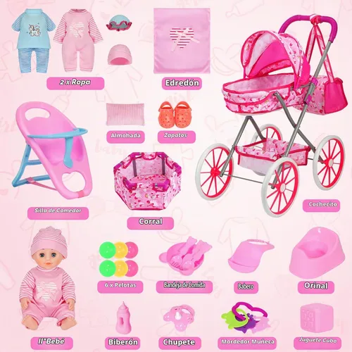 Vista 5 de DRAMATION Juego de cochecito de bebé, muñeca de 11 pulgadas con corralito y A-pink