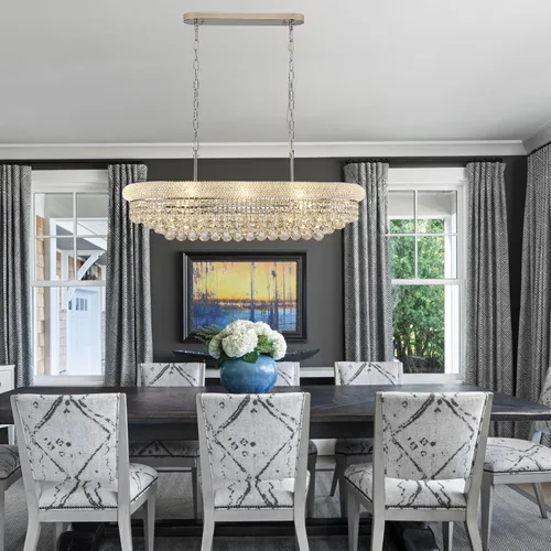 Vista 6 de Candelabros rectangulares de cristal para comedor, 10 luces de altura ajustable, lámpara de techo ovalada de cristal para isla de cocina, acabado