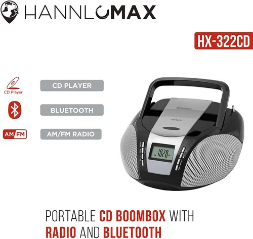 Vista 2 de HANNLOMAX Boombox de CD portátil HX-322CD con radio, radio AM/FM, Bluetooth, entrada auxiliar, fuente de alimentación dual AC/DC (negro)