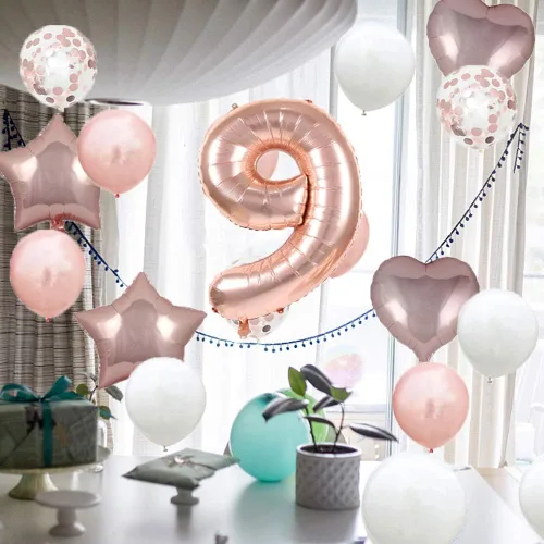 Vista 6 de GLZLMM Globo de 9º cumpleaños, decoraciones de 9º cumpleaños, globos de oro rosa con el número 9, suministros para fiesta de cumpleaños número 9