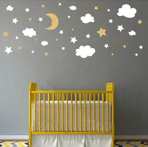 Vista 5 de Calcomanías de pared de luna creciente, estrellas y nubes, calcomanías de pared de luna y estrellas, cielo estrellado, decoración de sala