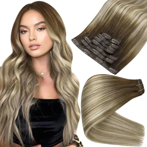 Vista 10 de Full Shine Extensiones de Cabello Rubio con Clip Reflejos Cabello Humano Extensiones con Clip Rubio Ceniza Mezcla Rubio Decolorado PU Extensiones