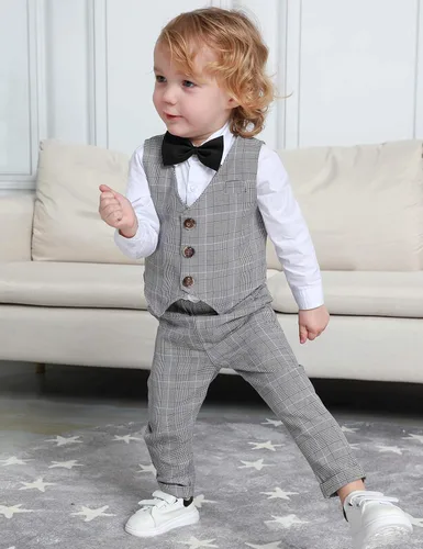 Vista 29 de A&J DESIGN Conjunto de traje de caballero para niños pequeños, 3 piezas, camisas, chaleco y pantalones