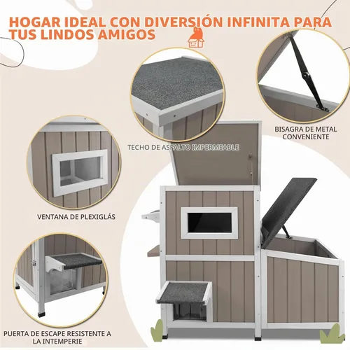 Vista 4 de Gowoodhut Casa para Gatos de Exterior de 36.1" de Largo, Refugio de Madera para Gatos de Exterior de 2 Pisos con 3 Puertas de Escape, Casa de Madera