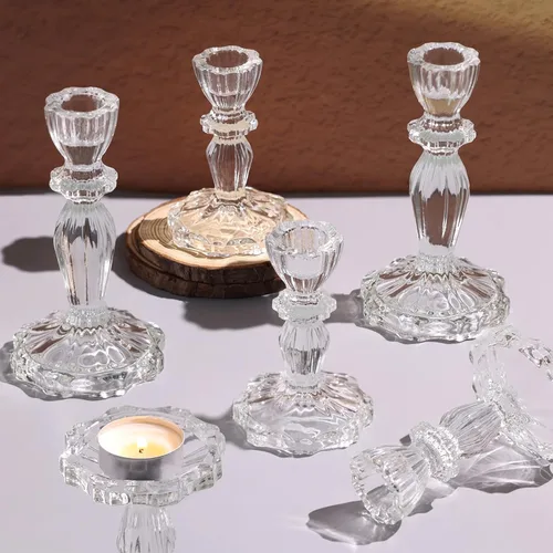 Vista 7 de Juego de 6 Portavelas de Ámbar, Portavelas para Velas Cónicas, 4.3" de Alto y 6.3" de Alto Portavelas de Vidrio para Candelabros y Velas de Pilar