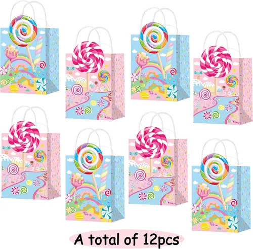 Vista 2 de C L cooper life 12 bolsas de regalo de fiesta de Candyland con asas, bolsas de regalo para fiestas temáticas de piruletas, suministros para fiesta