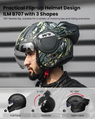 Vista 2 de ILM Casco modular de motocicleta vintage de cara completa para adultos y hombres, ATV UTV con protector de barbilla reversible de 180° DOT
